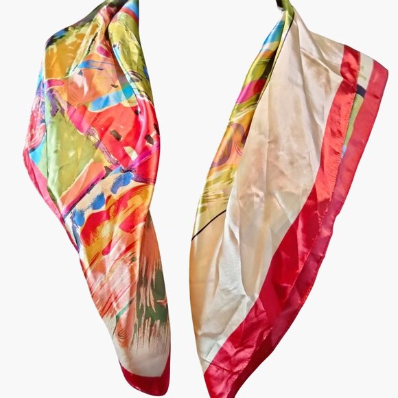 MOSI Silk Scarf Colorful Abstract Art 35x35 Inches Red Border - Picture 7 of 11